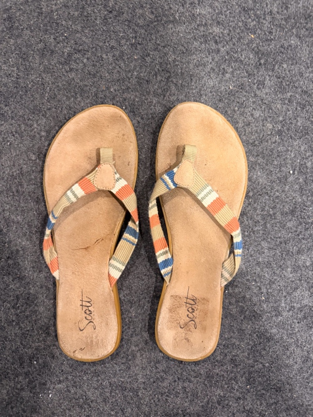Scott Tan Sandals with Blue and Orange Striped Fabric Straps